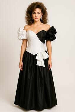 1980s ILGWU Black & White Avant Garde Evening Gown Sculptural sleeves USA made S